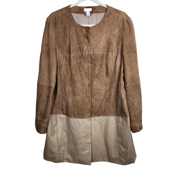 Chico's Brown Tan Leather Suede Midi Length Jacket Women's Size Large Size 2 - Picture 1 of 8